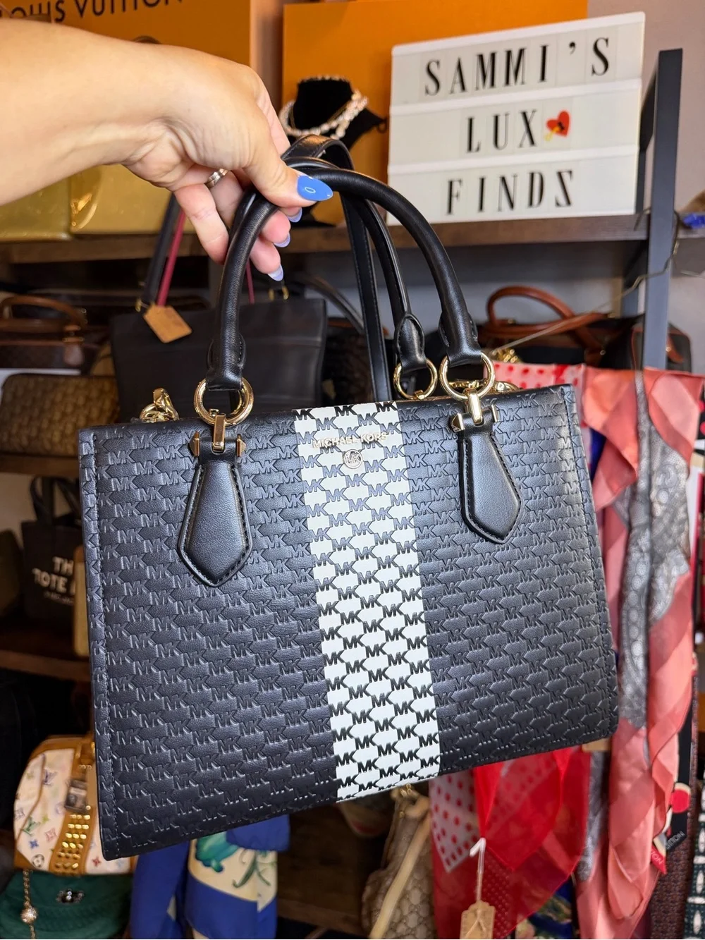 Michael Kors Black and White Signature Stripe Marilyn Tote